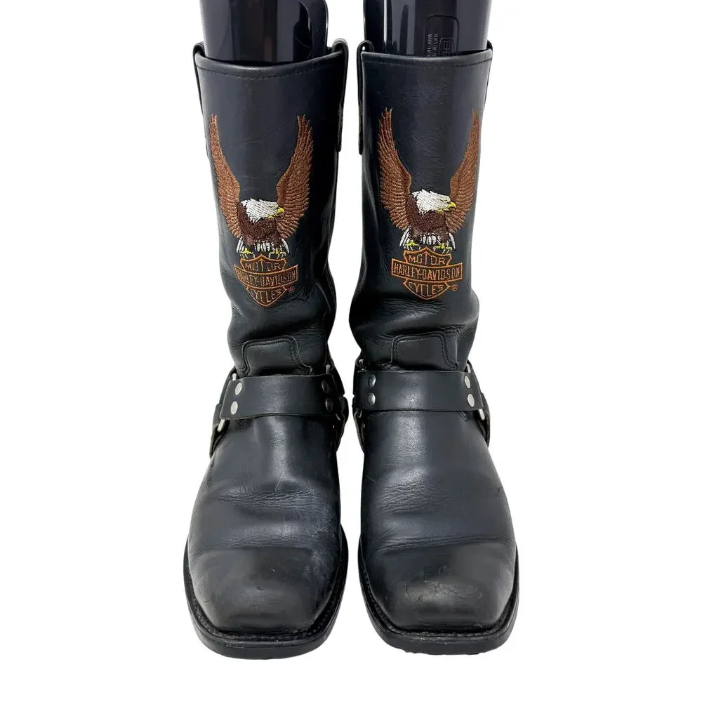 Harley-Davidson Black Leather Harness Moto Boots 12 Pull On Eagle/Crest Design